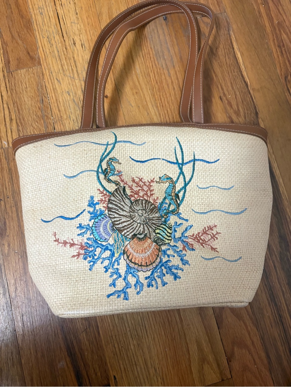 Vintage Cappelli Straworld Straw Tote with Coastal Embroidery